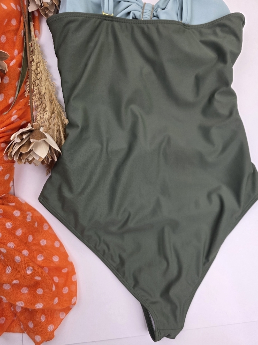 Stacked One-Piece Swimsuits with Gem Accents - Sage, Mint, Olive Sz L - Picture 10 of 16